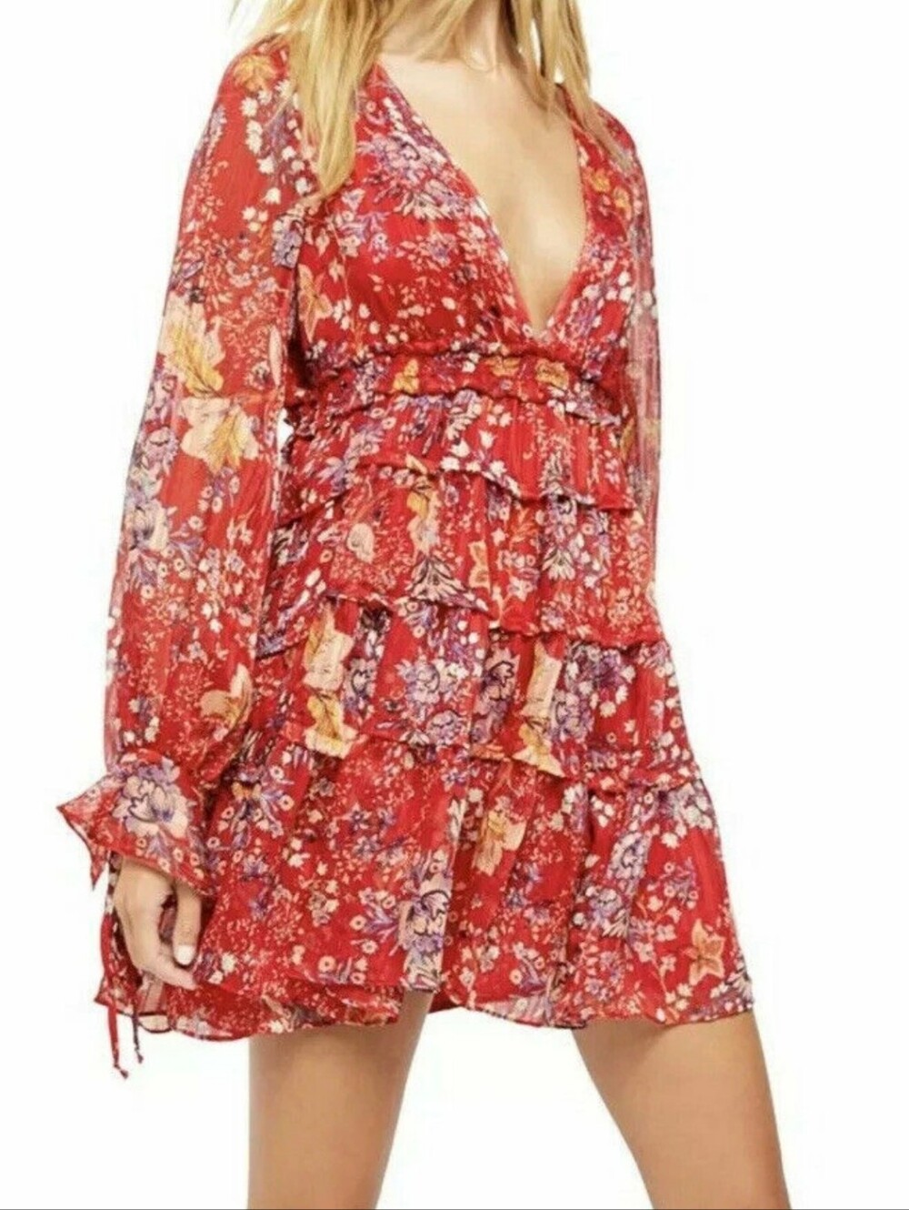 Free People Dress, Size XS, Sheer Chiffon Overlay, Red Floral